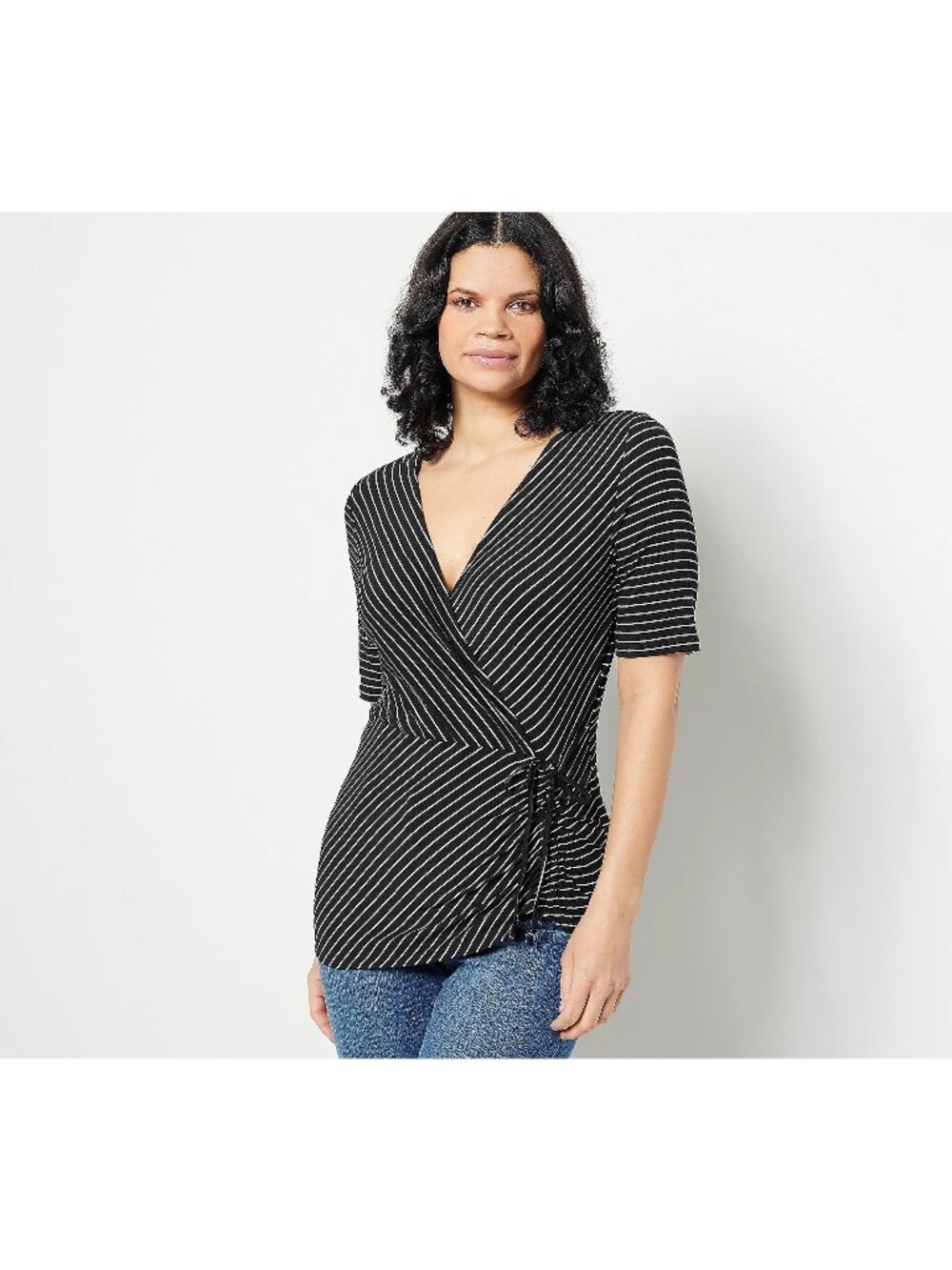 Truth + Style Top XXS Stripe Jersey Asymmetrical Gather Detail Black White Chic